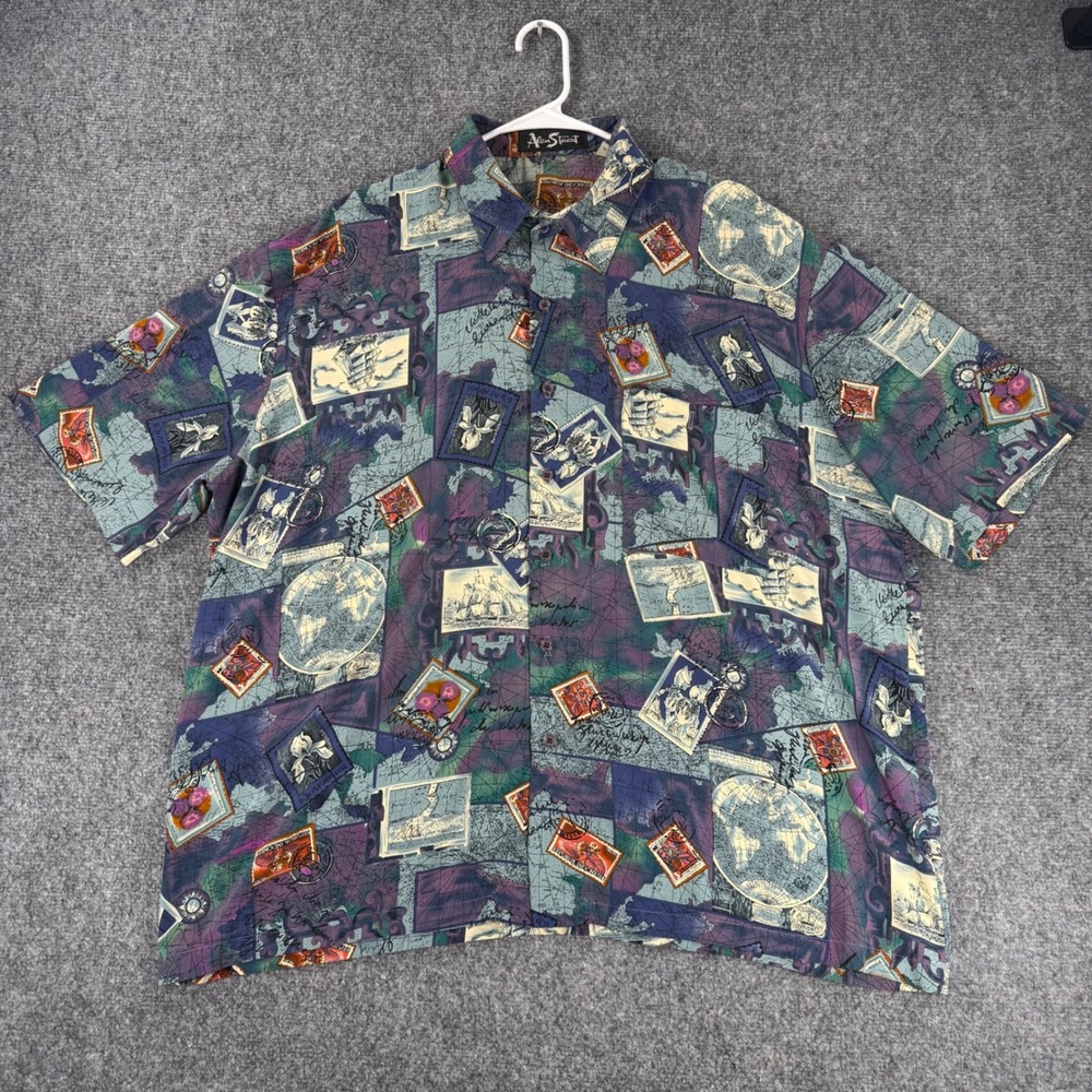 Alan Stuart Map Stamp Print Shirt Men's 2XL (1X) Purple Short Sleeve Resort